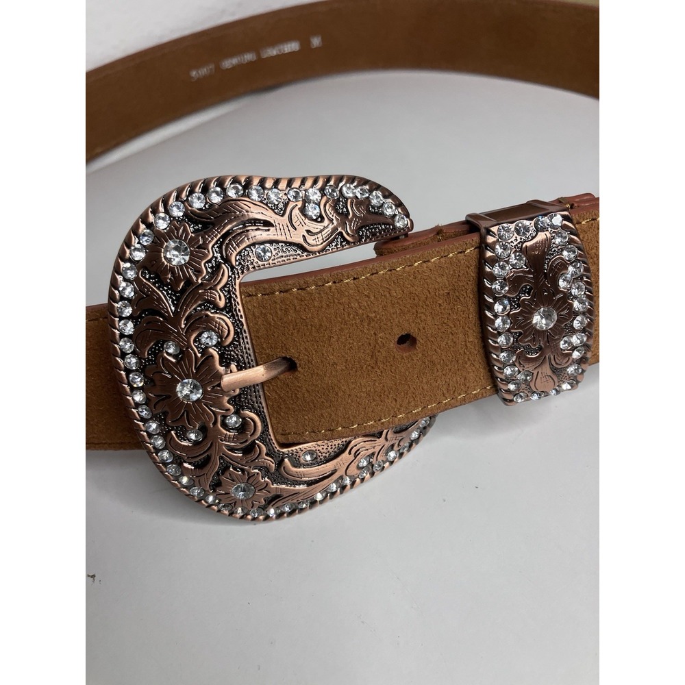 Women's Western Copper Rhinestone Chunky Bling Genuine Leather Brown Belt Medium - Picture 2 of 6